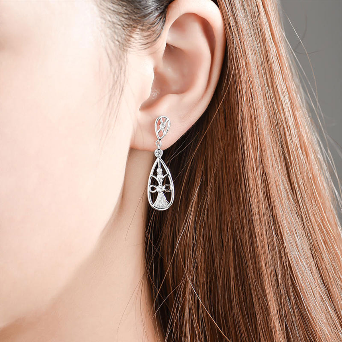 White Gold Hollow Design Drip Shape Drop Earrings