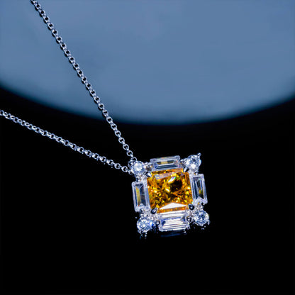 White Gold Square Cut Yellow Gem Halo Pendant Chain