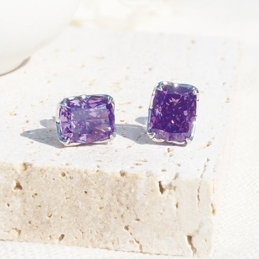 White Gold Plating Square Amethyst Prong Setting Stud Earrings