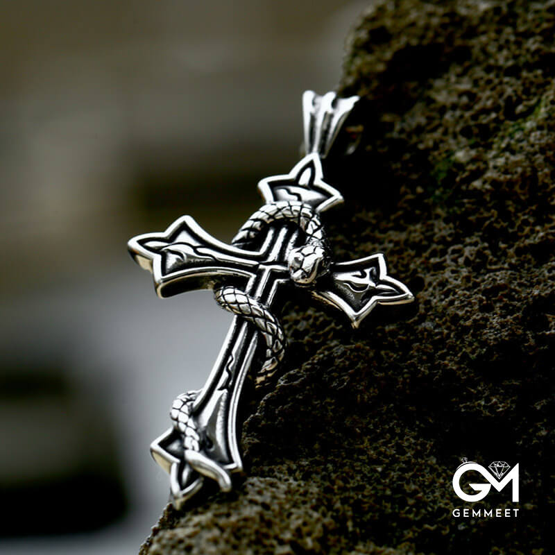 Stainless Steel Cross Snake Pendant