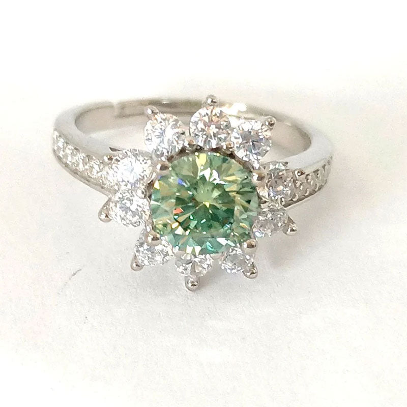 White Gold Sun Flower Adjustable Emerald Moissanite Ring