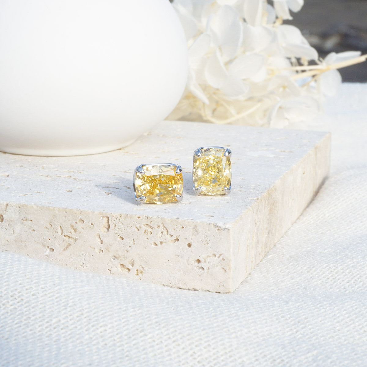 White Gold Square Yellow Sapphire Stud Earrings