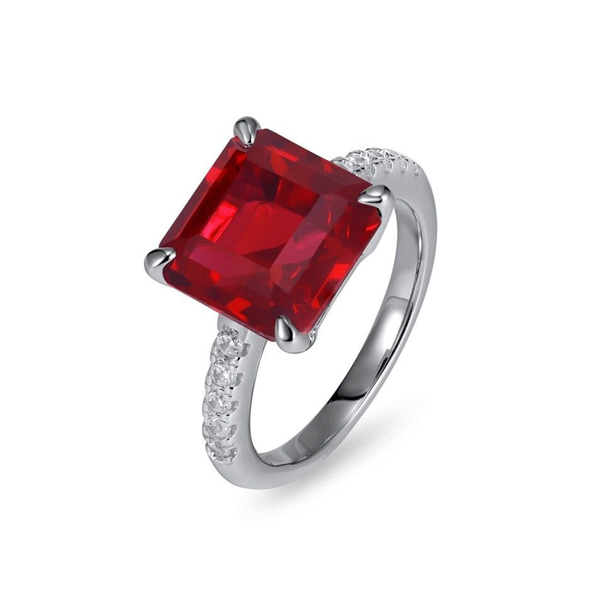 White Gold Square Ruby Gem Common Prong Stones Ring