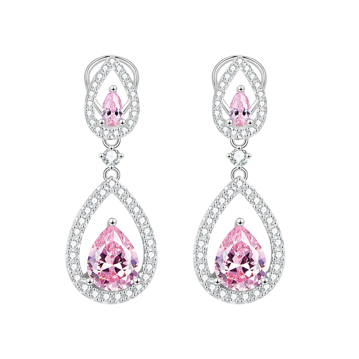 White Gold Hollow Pear Shape Drop Earrings with Pink Sapphire