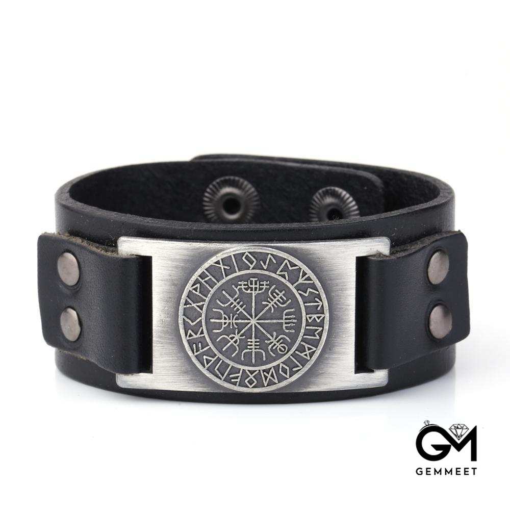 Wide Leather Odin Compass Bracelet