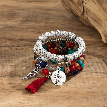 Stacked Bracelets Women's Retro Handmade Elastic Beaded Glazed Tassel Bracelet