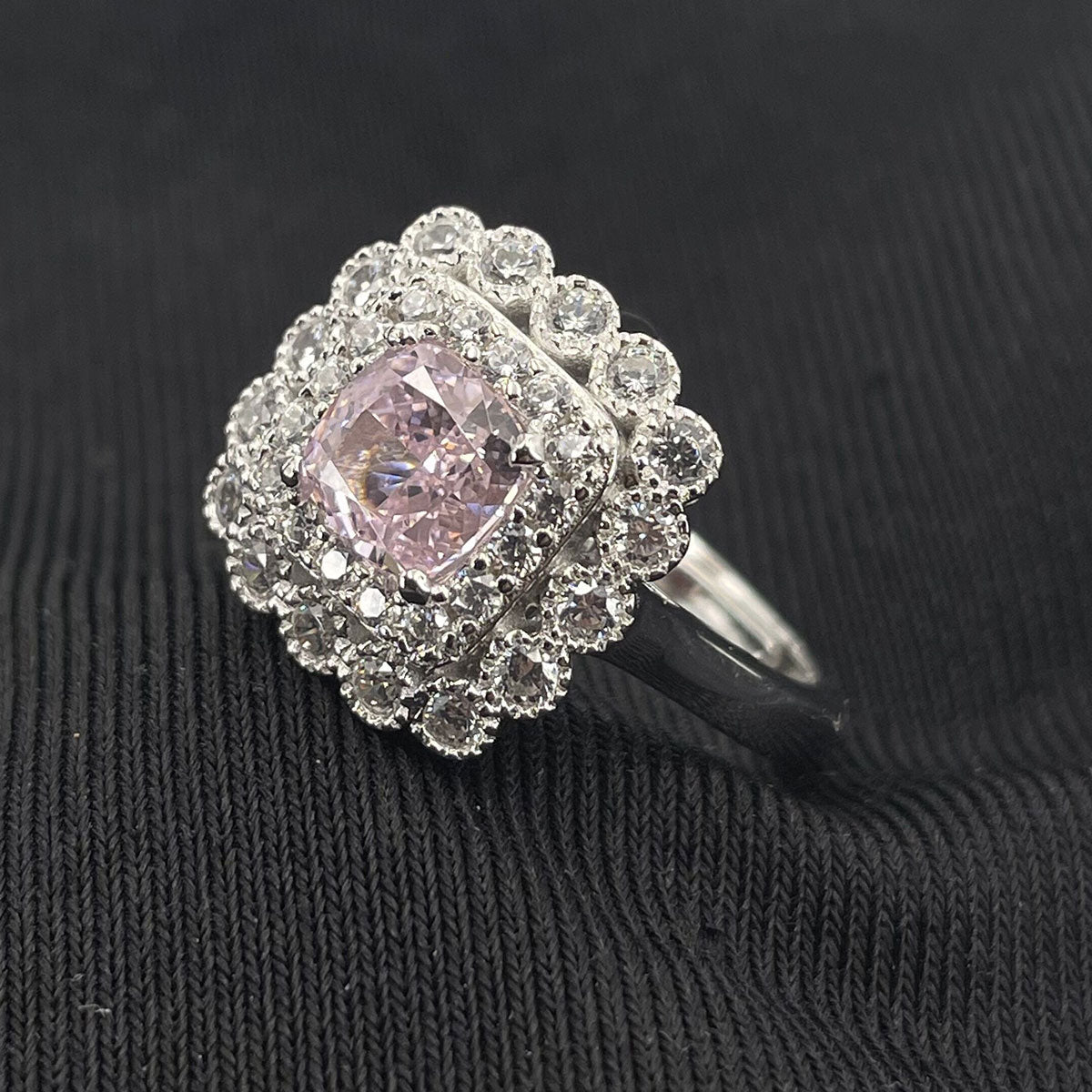 White Gold Cushion Shape Layered Stones Pink Gem Halo Ring