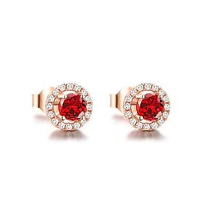 Rose Gold Ruby Gem Full Stones Circle Stud Earrings