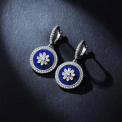 White Gold Flower Totem Lapis Lazuli Dangle Earrings