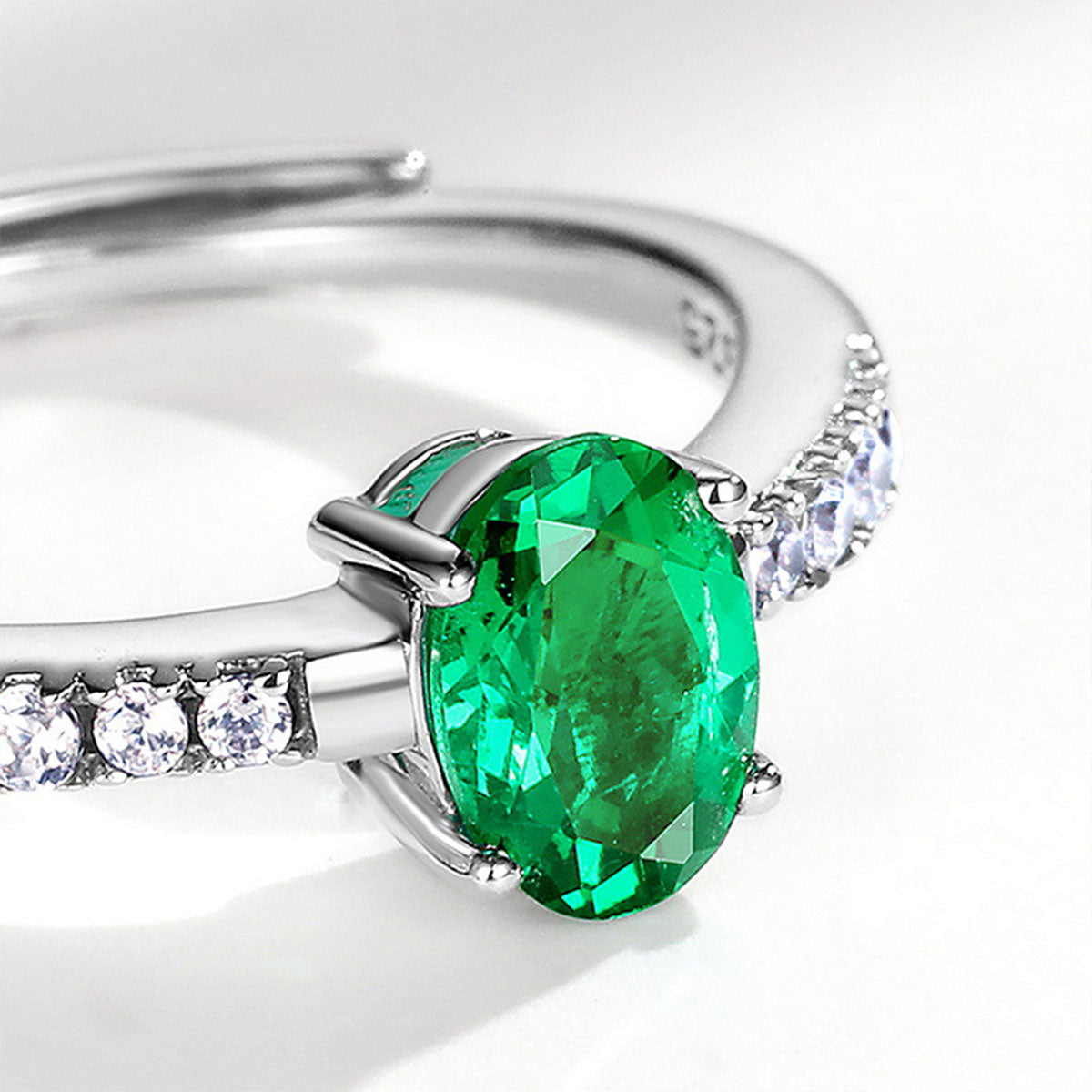 White Gold Oval Cut Emerald Adjustable Ring