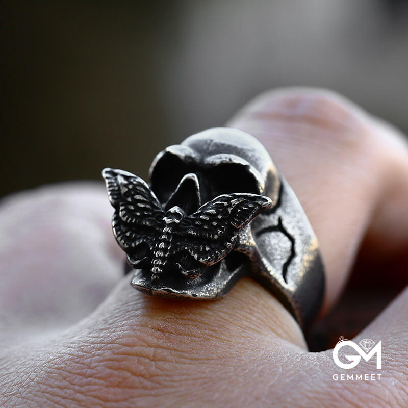 Stainless Steel Moth Skull Ring