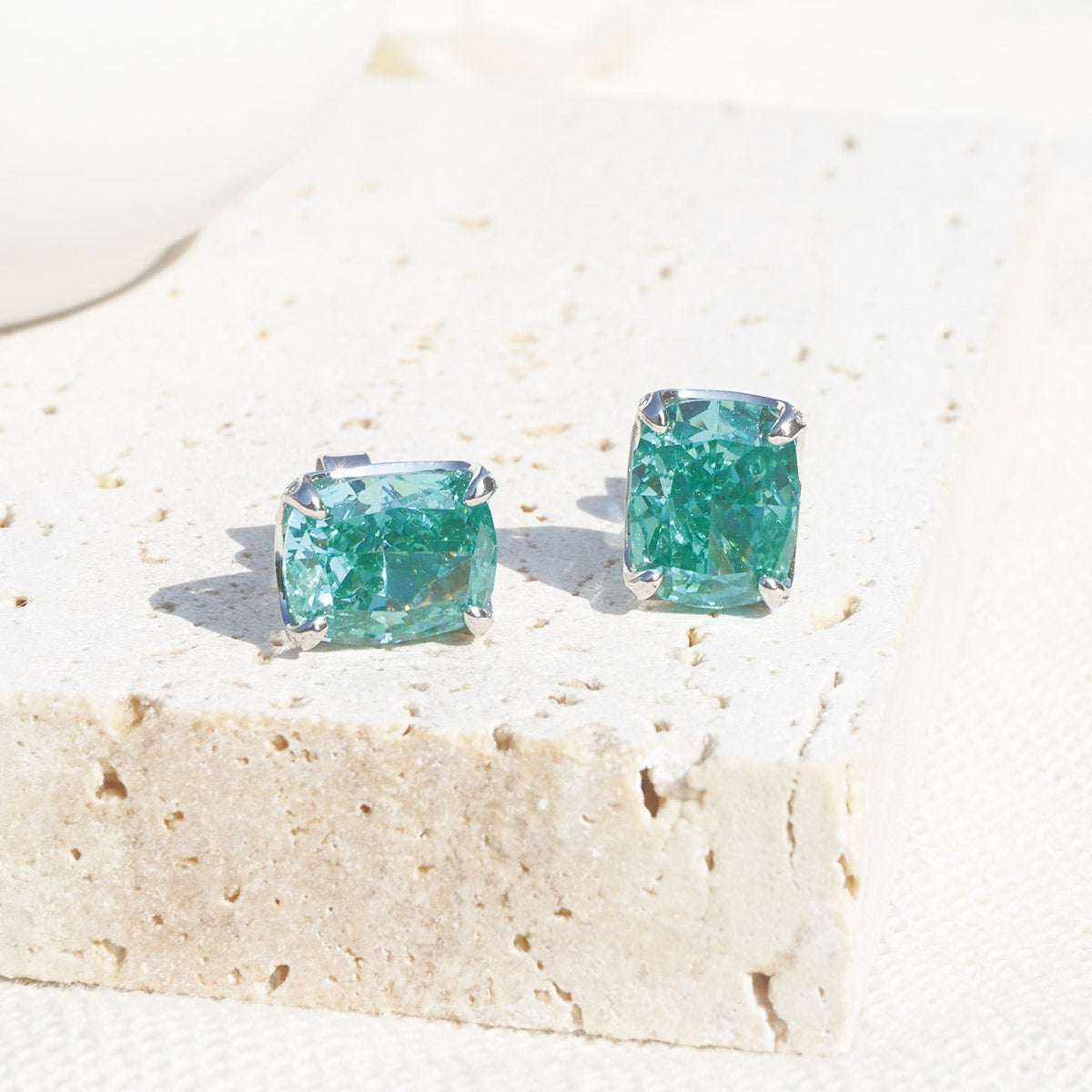 White Gold Plating Square Emerald Gem Prong Setting Stud Earrings