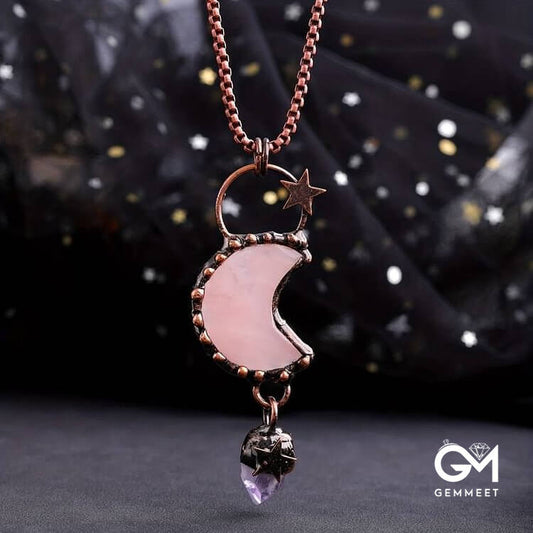 Crystal Moon Star Gemstone Pendant Necklace