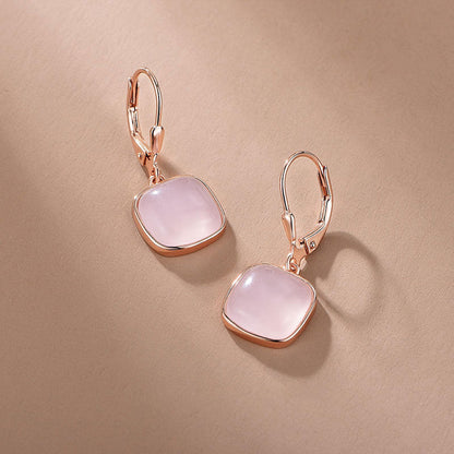 Rose Gold Square Pink Gem Dangle Earrings