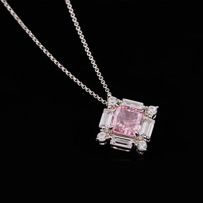 White Gold Square Cut Pink Gem Halo Pendant Chain