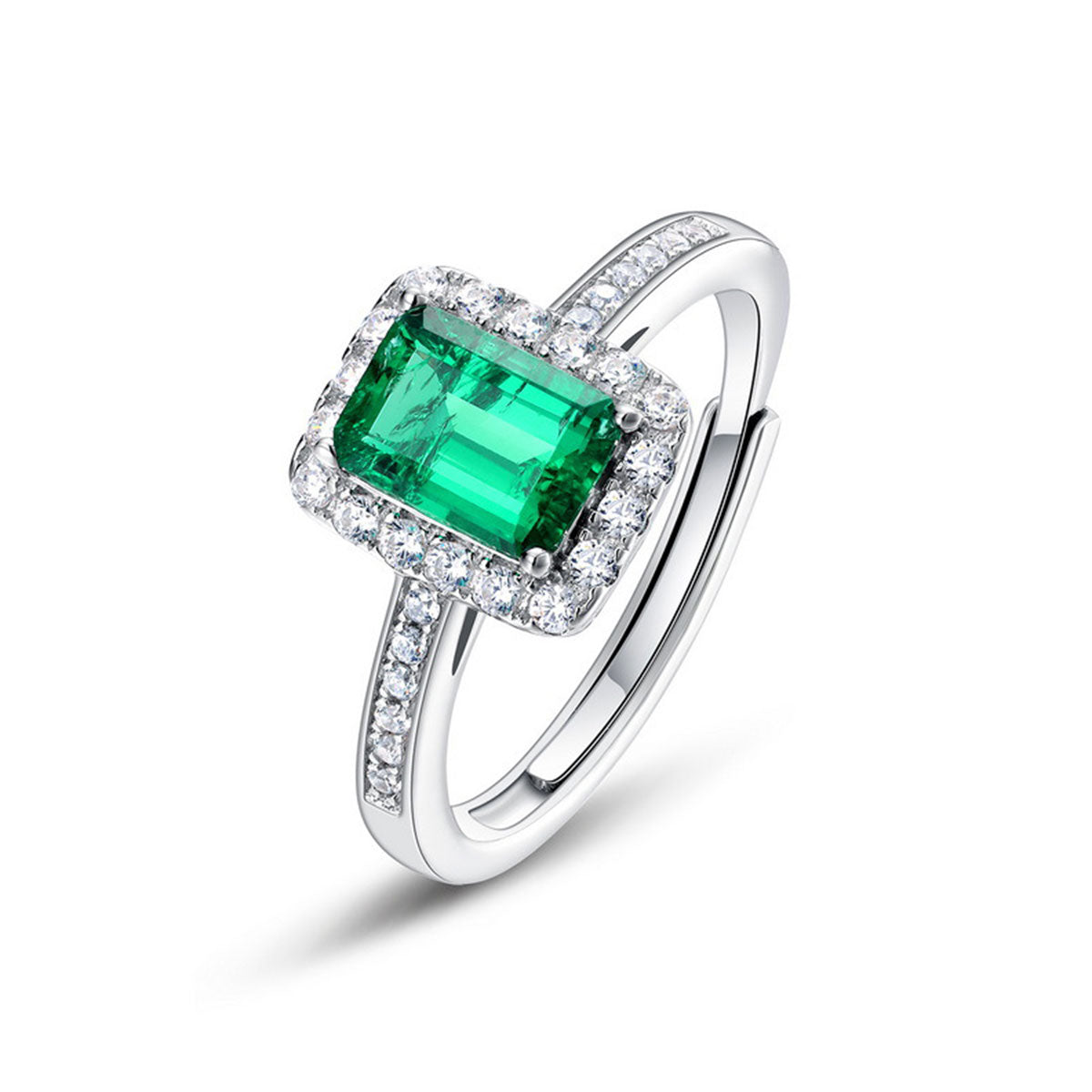 White Gold S925 Square Cut Emerald Halo Ring