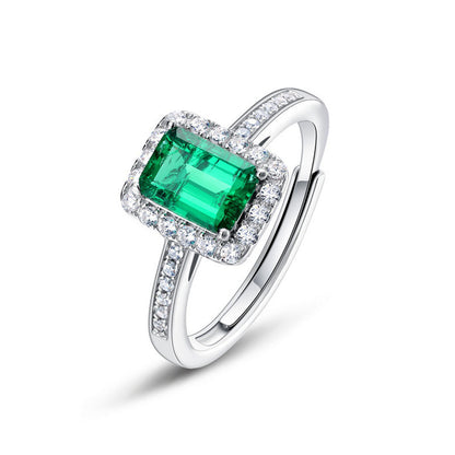 White Gold S925 Square Cut Emerald Halo Ring