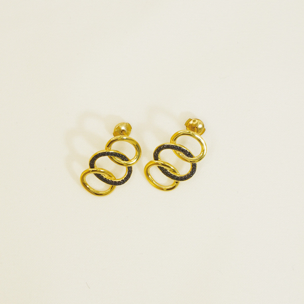 Golden Hammered Triple Black Stones Hoop Earrings