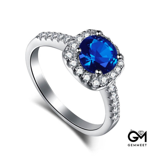 S925 Pure Silver Blue Round Zircon Ring