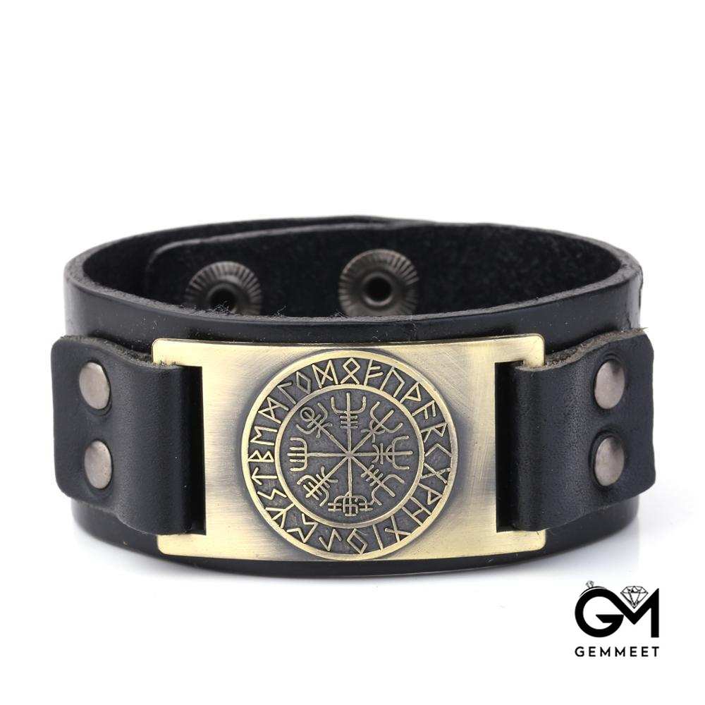 Wide Leather Odin Compass Bracelet