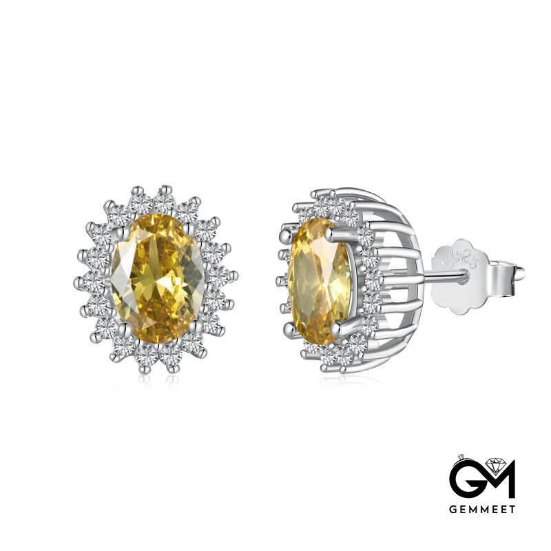 S925 Sterling Silver Oval Yellow Zircon Sun Earrings