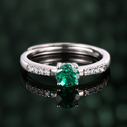 White Gold Round Cut Emerald Adjustable Ring