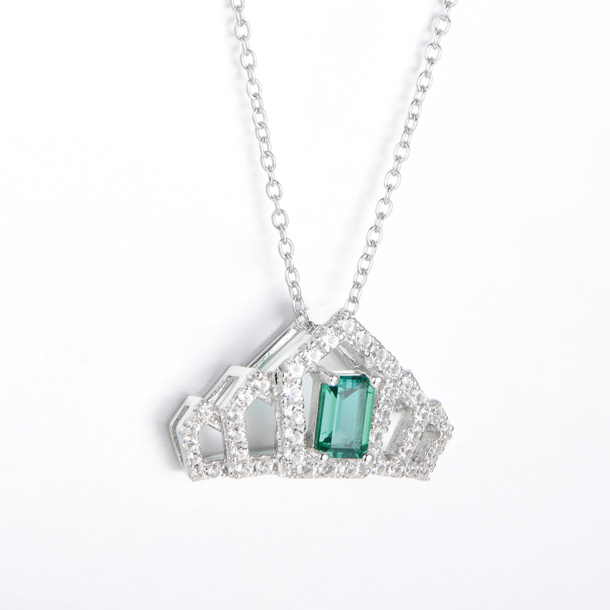 Sterling Silver Necklace with Square Emerald Gem Crown Pendants