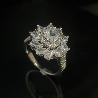 White Gold Big Flower Shape Full Stones Ring