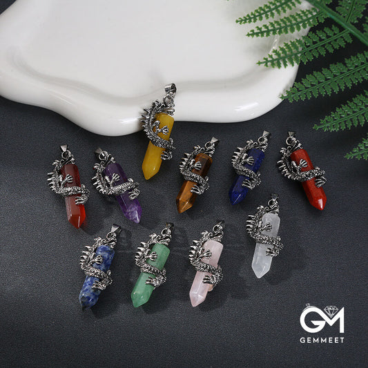 Coiling Dragon Hexagon Column Crystal Pendant Necklace