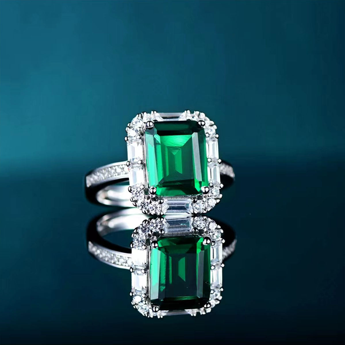 White Gold Rectangle Emerald Adjustable Halo Ring