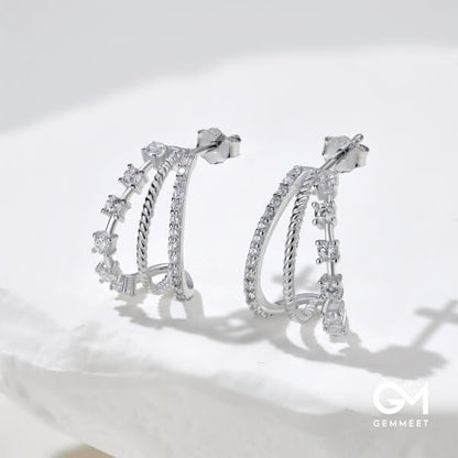 S925 Pure Silver Zircon Hollow Half-round Earrings