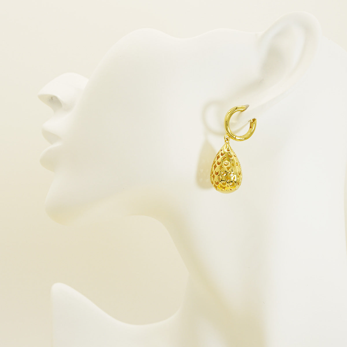 Oval Ball Hollow Carved Design Gold Dangle Earrings