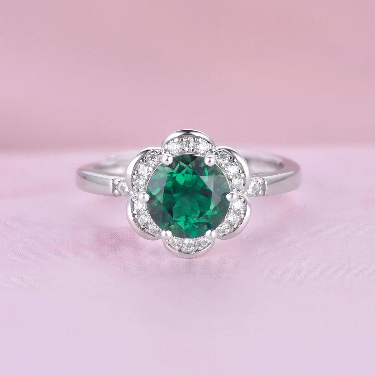 White Gold Flower Shape Emerald Halo Ring