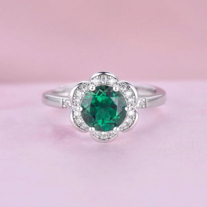 White Gold Flower Shape Emerald Halo Ring