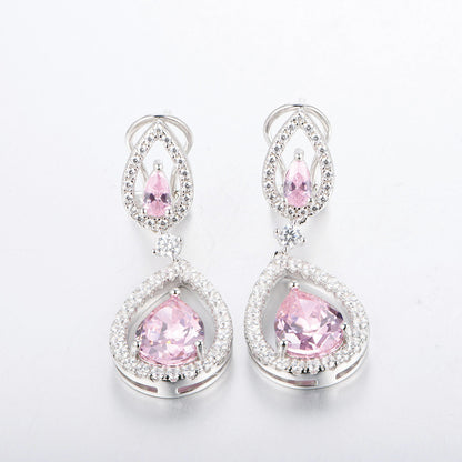 White Gold Hollow Pear Shape Drop Earrings with Pink Sapphire