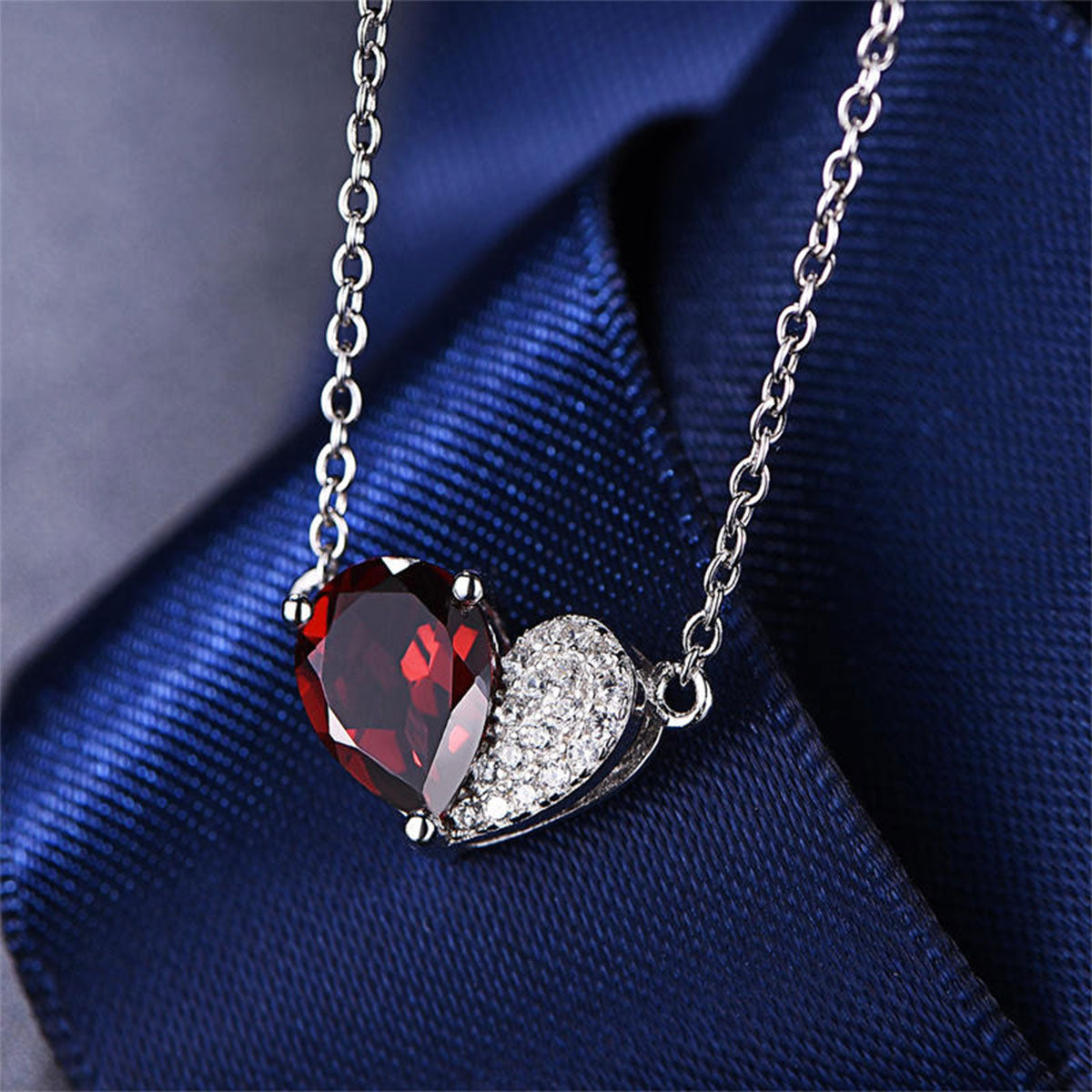 White Gold Half Design Ruby Gem Heart Shape Pendant Chain