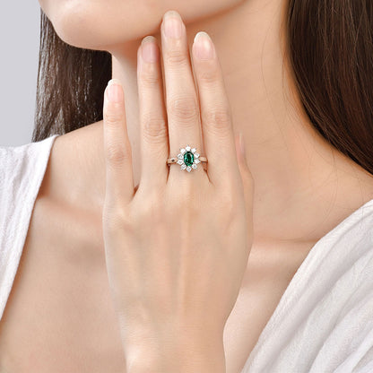 White Gold S925 Silver Sunflower Shape Olive Cut Emerald Ring