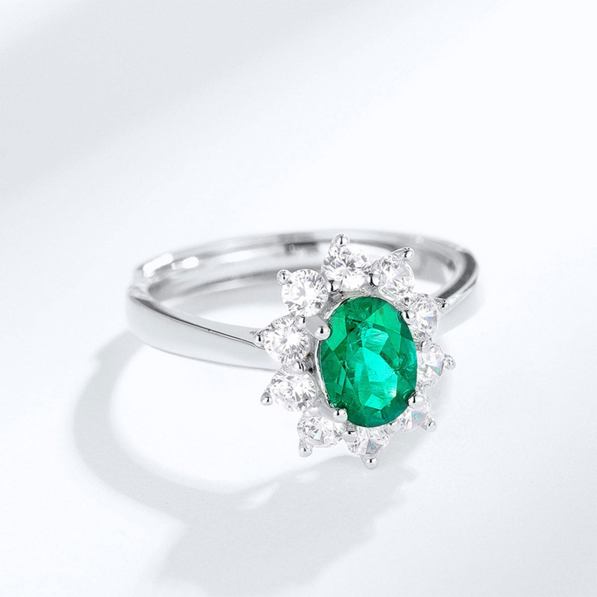 White Gold S925 Silver Sunflower Shape Olive Cut Emerald Ring