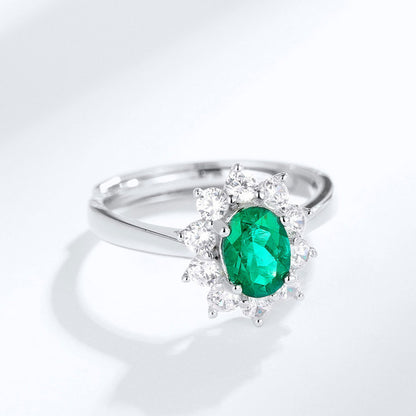 White Gold S925 Silver Sunflower Shape Olive Cut Emerald Ring