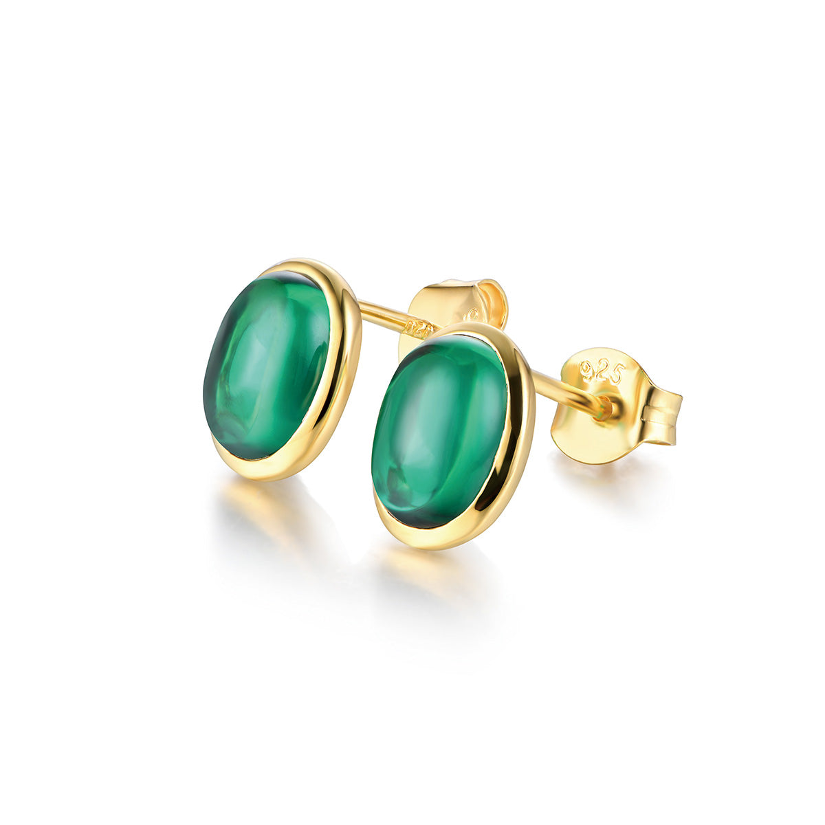 Golden Stud Earrings With Oval Emerald Gem