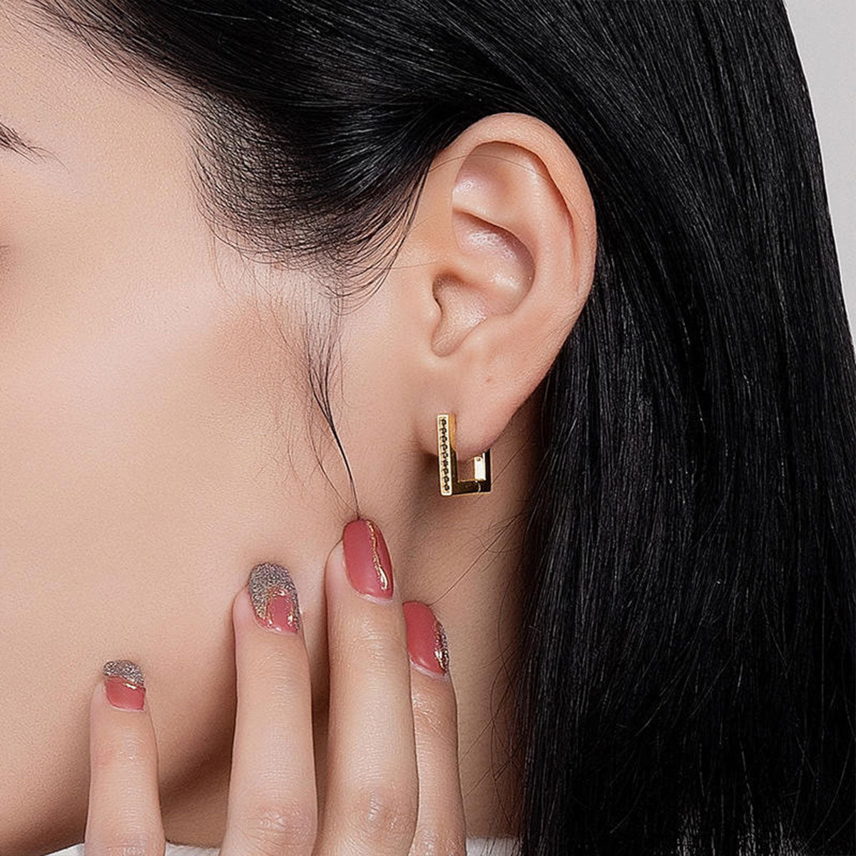 Gold Black Stones Block Square Hoop Earrings