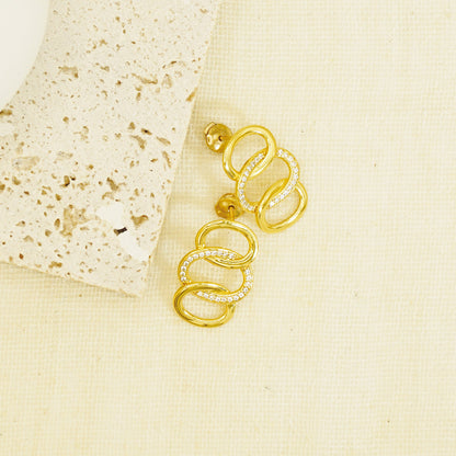 Golden Hammered Triple White Stones Hoop Earrings