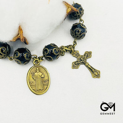 Obsidian Holy Medal Cross Rosary Bracelet