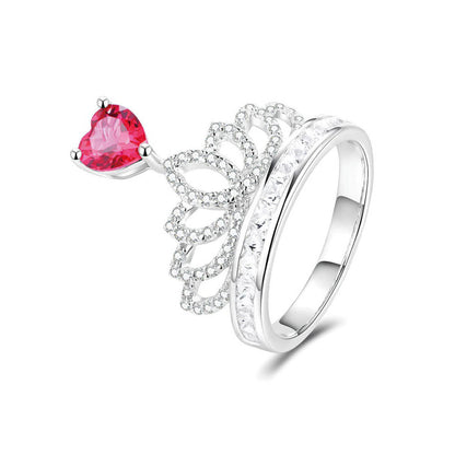 White Gold Heart Ruby Crown Ring with Channel Setting Full Stones