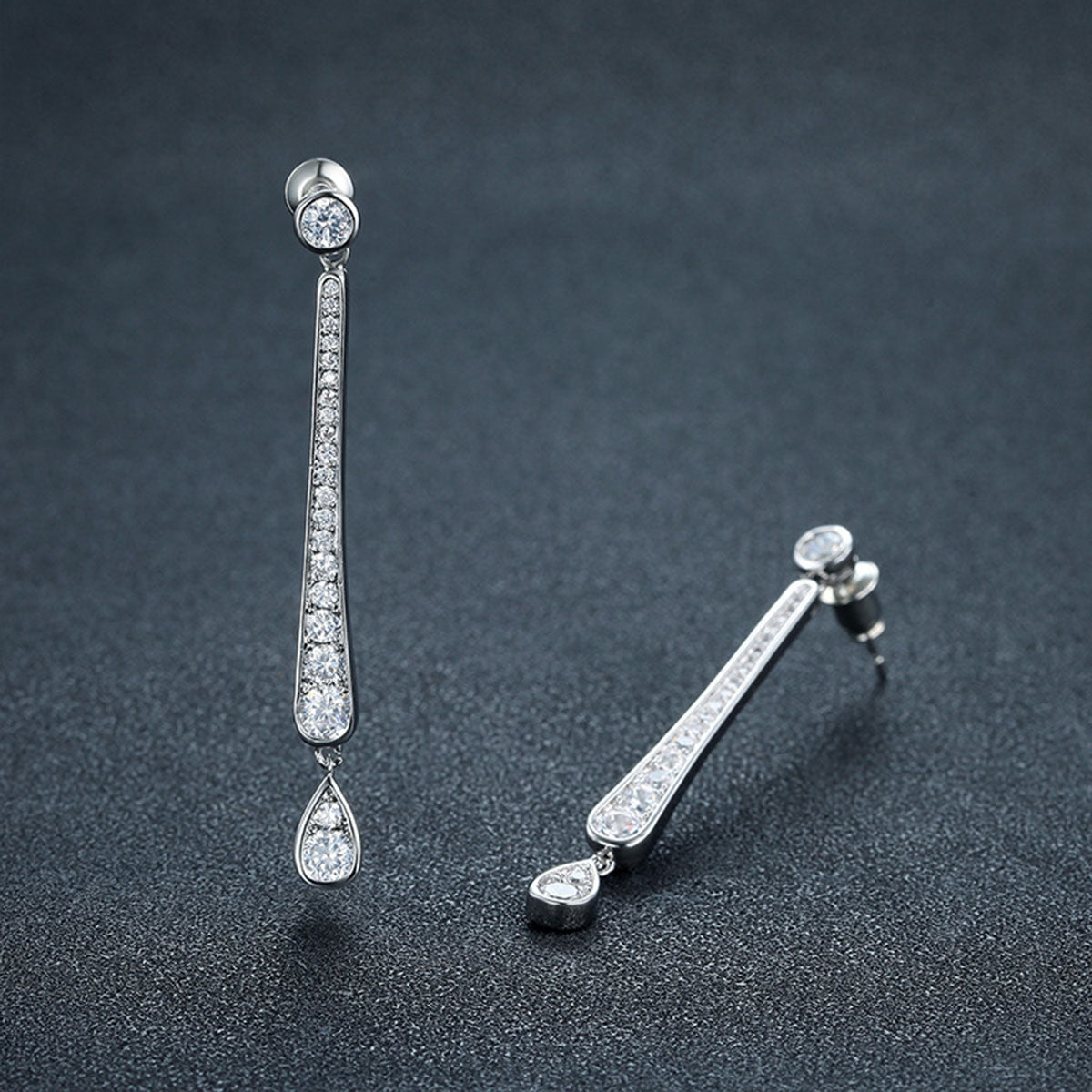 White Gold Full Stones Stick & Drip Drop Earrings