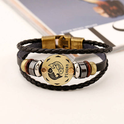 Zodiac Cowhide Simple Multi-layer Retro Braided Couple Leather Bracelet