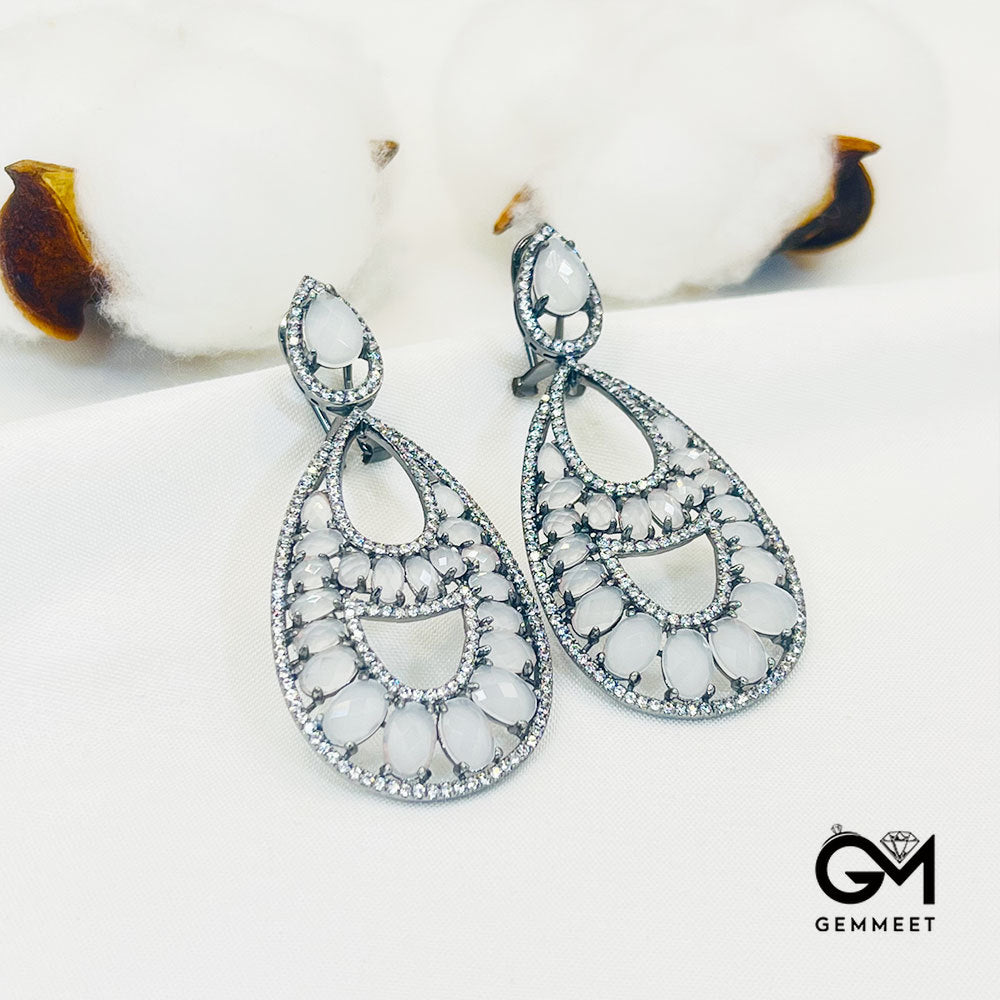 Pear-Shaped Center Hollow White Stone Pendant Earrings