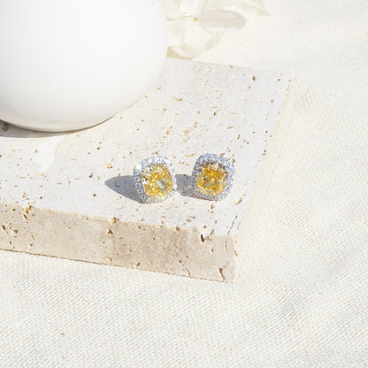 White Gold Plating Square Yellow Sapphire Full Stones Stud Earrings