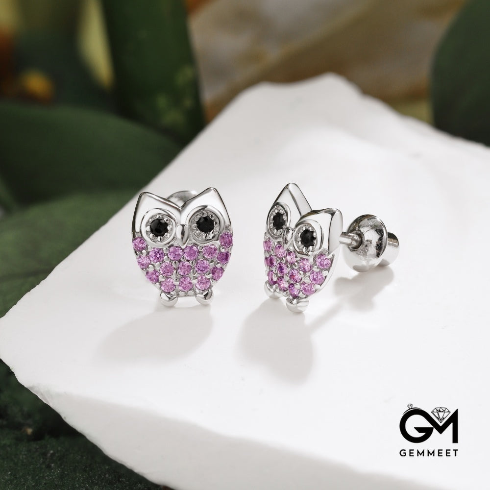 S925 Purple Black Zircon Owl Earrings