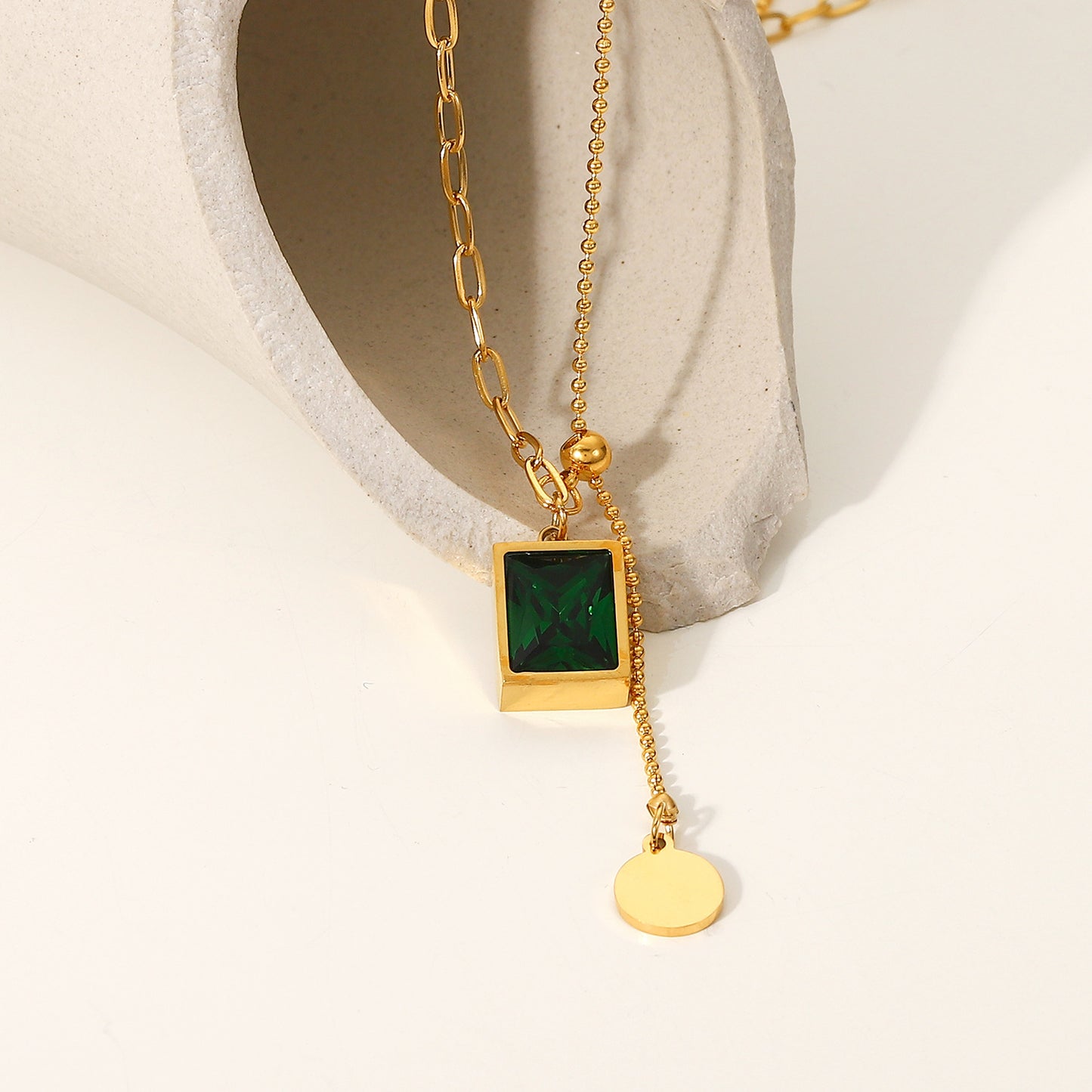 Rectangle Green Crystal Dangle Pendant Chain Necklace